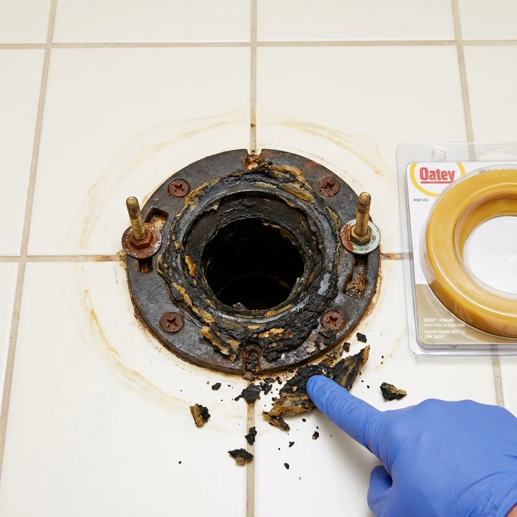 Failed wax ring showing water seepage at the base of a toilet in a Elkhart, TX home
