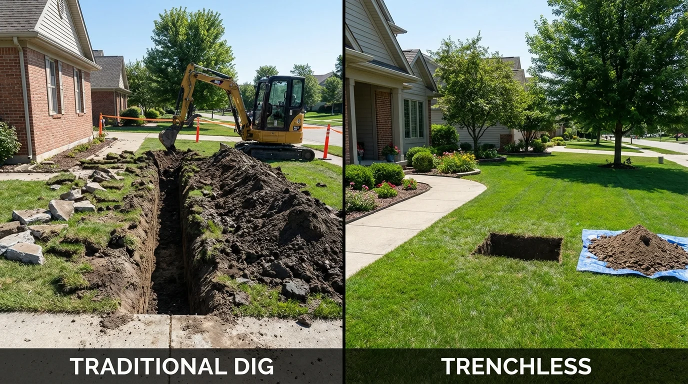 Trenchless sewer repair with minimal yard damage versus traditional excavation in Elkhart, TX